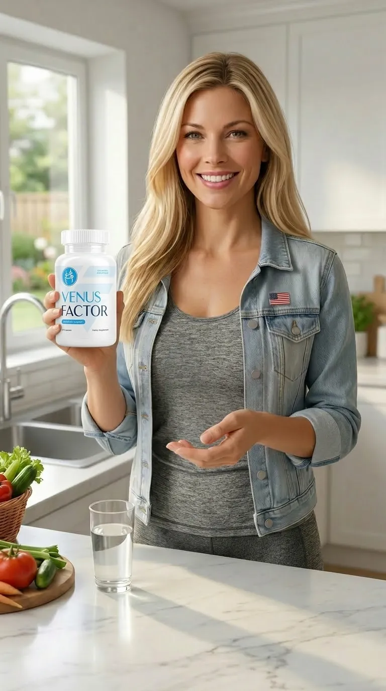 venus factor supplement woman holding capsule healthy lifestyle weight loss support kitchen scene